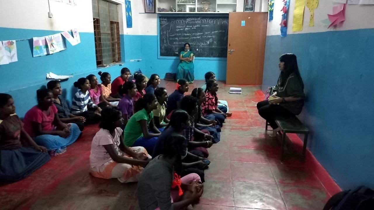 Children with learning materials